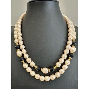 Vintage retro faux Pearl w Black Bead 2 Strand Necklace